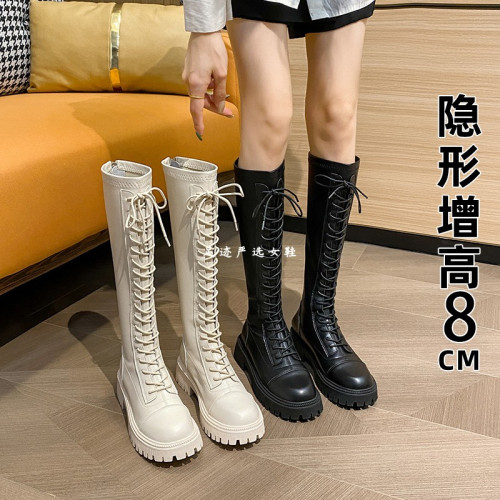 厚底白色長筒靴2026新款秋冬內增高8CM小個子長靴彈力高筒騎士靴