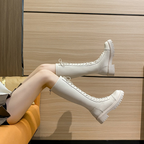 厚底白色長筒靴2026新款秋冬內增高8CM小個子長靴彈力高筒騎士靴