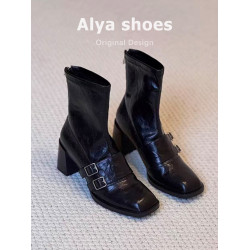 羊皮版~粗高跟短靴女秋冬新款皮帶釦氣質彈力靴方頭百搭瘦瘦靴子