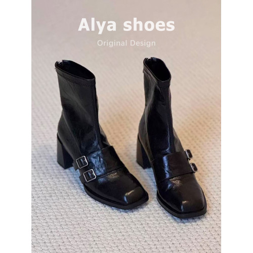 羊皮版~粗高跟短靴女秋冬新款皮帶釦氣質彈力靴方頭百搭瘦瘦靴子