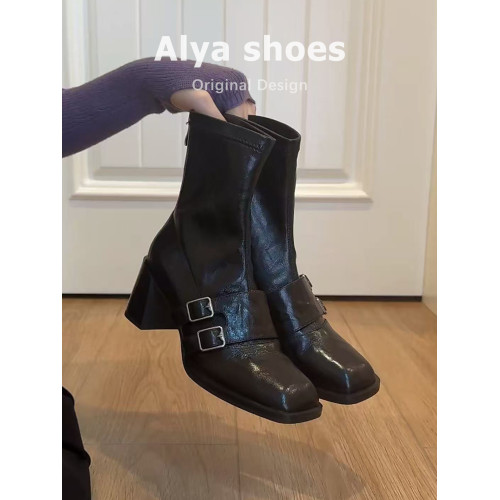 羊皮版~粗高跟短靴女秋冬新款皮帶釦氣質彈力靴方頭百搭瘦瘦靴子