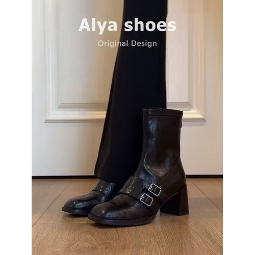 羊皮版~粗高跟短靴女秋冬新款皮帶釦氣質彈力靴方頭百搭瘦瘦靴子