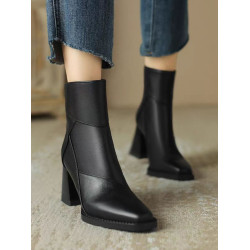 真皮粗跟短靴女2024新款高跟裸靴冬加絨棕色瘦瘦靴單靴英倫馬丁靴