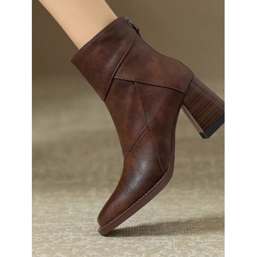 真皮粗跟短靴女2024新款高跟裸靴冬加絨棕色瘦瘦靴單靴英倫馬丁靴