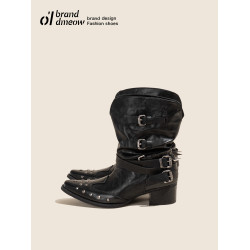 老喵 褶皺西部短靴女尖頭V口顯瘦粗跟黑色小衆鉚釘騎士靴女馬丁靴