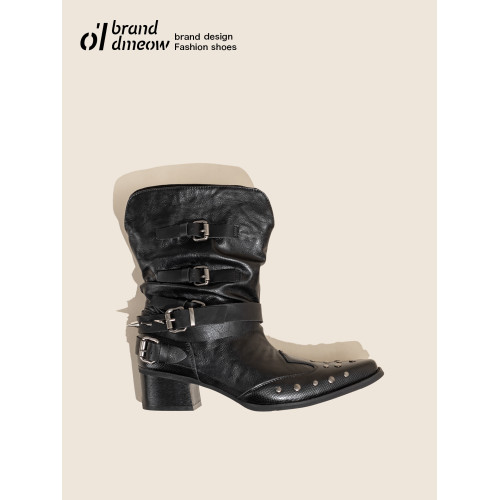 老喵 褶皺西部短靴女尖頭V口顯瘦粗跟黑色小衆鉚釘騎士靴女馬丁靴