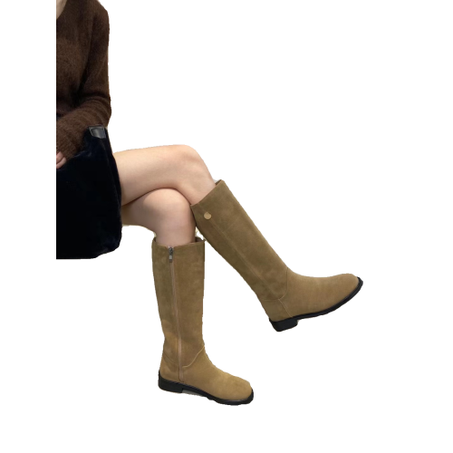 ALIGUIFEI阿裡貴妃 韓版圓頭粗跟不過膝騎士靴復古絨面顯瘦長靴女