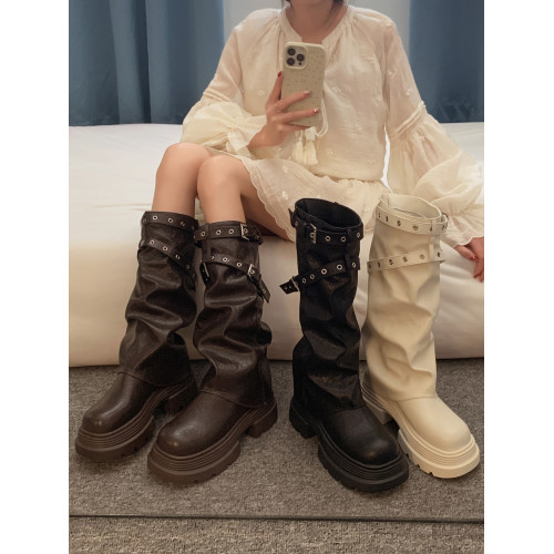 賈不假靴子女長筒靴2026新款春季復古超火粗跟騎士靴高級感褲琯靴