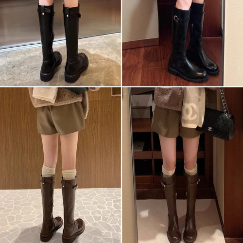 牛皮版~真皮顯瘦厚底高筒騎士靴女2026秋冬新款小個子長靴長筒靴