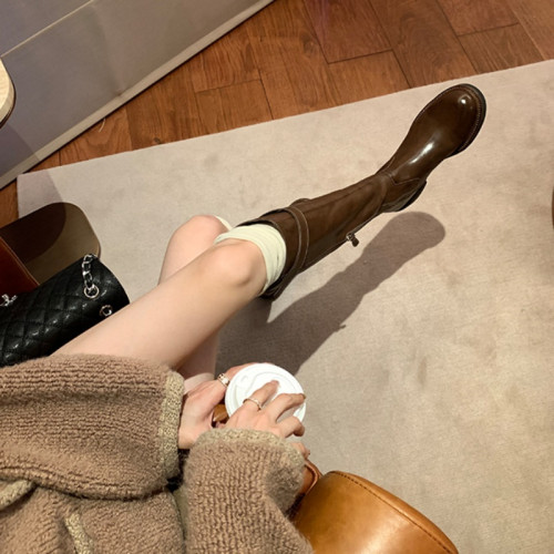 牛皮版~真皮顯瘦厚底高筒騎士靴女2026秋冬新款小個子長靴長筒靴
