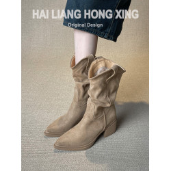 羊皮版~復古尖頭粗跟短靴女新款顯瘦褶皺堆堆西部騎士靴馬丁靴子