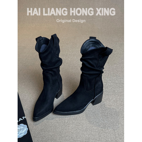 羊皮版~復古尖頭粗跟短靴女新款顯瘦褶皺堆堆西部騎士靴馬丁靴子