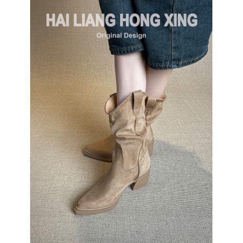 羊皮版~復古尖頭粗跟短靴女新款顯瘦褶皺堆堆西部騎士靴馬丁靴子