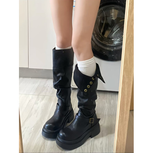 黑色高筒靴子夏季厚底長筒靴女2026新款顯瘦增高小個子粗腿騎士靴