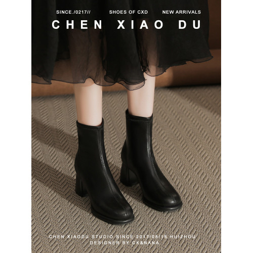 法式小踝靴女粗跟黑色短靴女復古氣質瘦瘦靴不累腳切爾西靴6公分