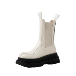 Tavi原創！2024新款真皮小個子中筒靴圓頭菸筒靴短靴厚底切爾西靴