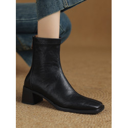 軟羊皮法式粗跟方頭馬丁靴高跟復古彈力瘦瘦靴棕色小踝靴短靴女款