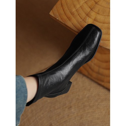 軟羊皮法式粗跟方頭馬丁靴高跟復古彈力瘦瘦靴棕色小踝靴短靴女款