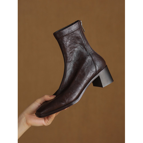 軟羊皮法式粗跟方頭馬丁靴高跟復古彈力瘦瘦靴棕色小踝靴短靴女款