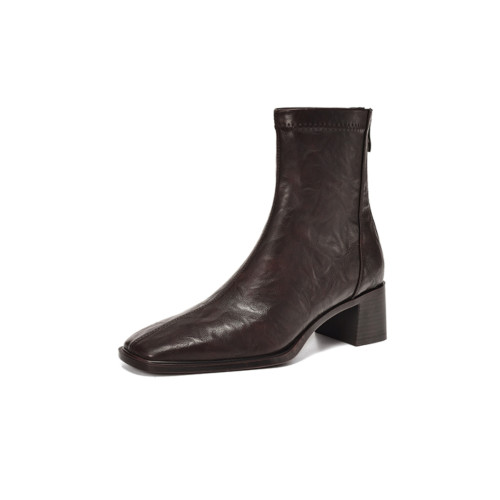 軟羊皮法式粗跟方頭馬丁靴高跟復古彈力瘦瘦靴棕色小踝靴短靴女款