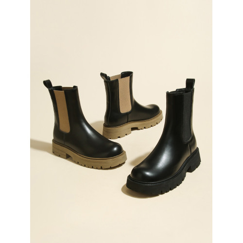 增高厚底菸筒靴女2024新款真皮歐美拼色一腳蹬馬丁靴中跟冬季短靴