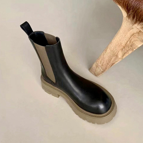 增高厚底菸筒靴女2024新款真皮歐美拼色一腳蹬馬丁靴中跟冬季短靴