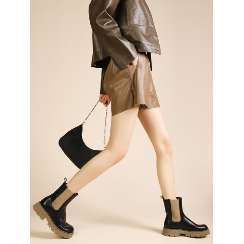 增高厚底菸筒靴女2024新款真皮歐美拼色一腳蹬馬丁靴中跟冬季短靴