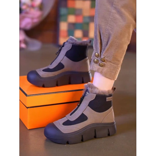 真皮加絨棉鞋雪地靴女2026冬季新款厚底高幫鞋輕便軟底側拉鍊短靴