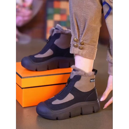 真皮加絨棉鞋雪地靴女2026冬季新款厚底高幫鞋輕便軟底側拉鍊短靴