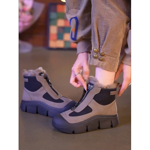 真皮加絨棉鞋雪地靴女2026冬季新款厚底高幫鞋輕便軟底側拉鍊短靴