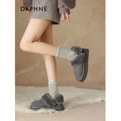 達芙妮灰色雪地靴女半拖秋冬季加絨毛絨棉靴毛毛拖鞋外穿厚底棉鞋