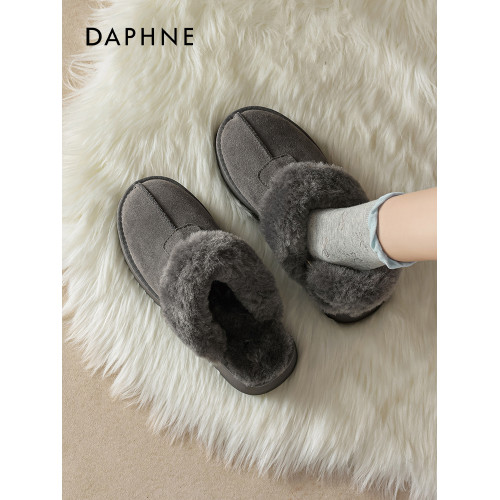 達芙妮灰色雪地靴女半拖秋冬季加絨毛絨棉靴毛毛拖鞋外穿厚底棉鞋