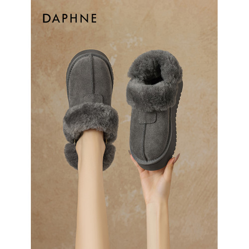 達芙妮灰色雪地靴女半拖秋冬季加絨毛絨棉靴毛毛拖鞋外穿厚底棉鞋