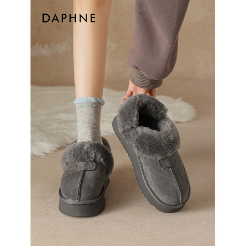 達芙妮灰色雪地靴女半拖秋冬季加絨毛絨棉靴毛毛拖鞋外穿厚底棉鞋