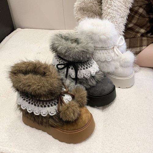 新款冬靴 增高靴女冬季加絨 2026 加厚東北多巴胺厚底毛球毛毛靴