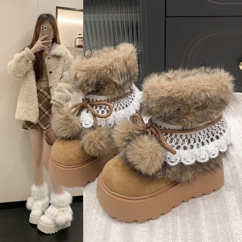 新款冬靴 增高靴女冬季加絨 2026 加厚東北多巴胺厚底毛球毛毛靴