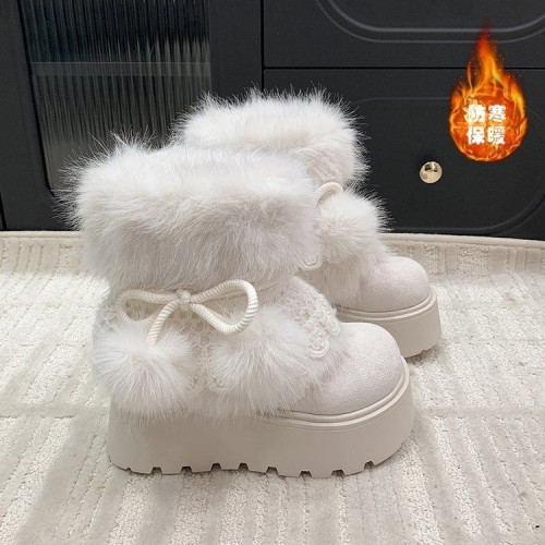 新款冬靴 增高靴女冬季加絨 2026 加厚東北多巴胺厚底毛球毛毛靴