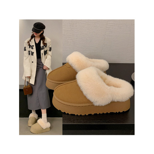 毛毛雪地靴女冬季一腳蹬懶人鞋外穿包頭加絨保暖厚底棉拖鞋不凍腳