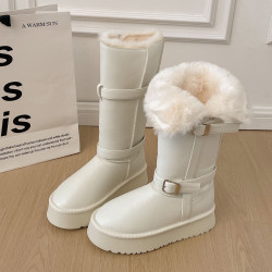 厚底皮面不過膝長筒雪地靴子女2025冬季新款加絨保暖高筒時裝棉鞋