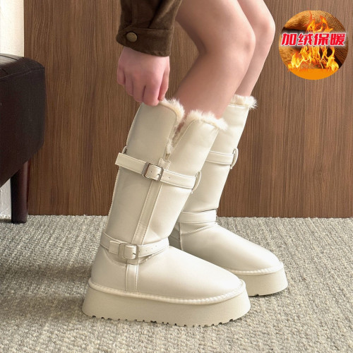 厚底皮面不過膝長筒雪地靴子女2025冬季新款加絨保暖高筒時裝棉鞋