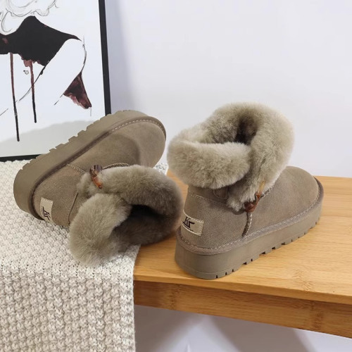 厚底雪地靴女2025新款冬季皮毛一體加絨加厚短筒牛角釦保暖棉鞋潮