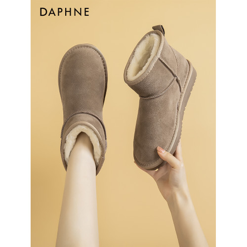 達芙妮防水防滑雪地靴女冬季2025新款加絨加厚真皮麵包東北棉短靴