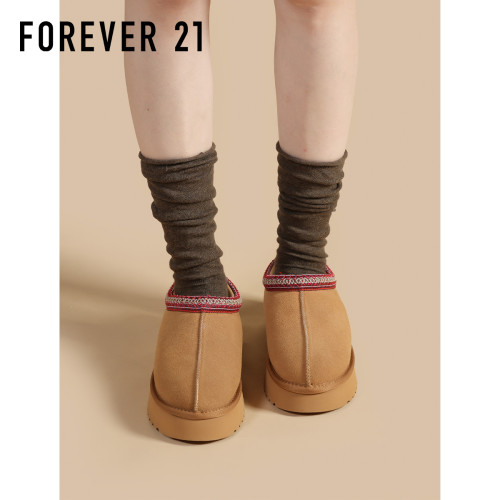 F21牛皮厚底一腳蹬雪地靴女款2025新款冬季加絨加厚保暖防水棉鞋