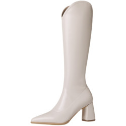 騎士靴粗腿顯瘦長筒靴女小個子加絨尖頭v口不過膝粗跟彈力瘦瘦靴