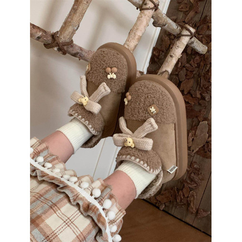 細細條 少女心小熊厚底雪地靴保暖羊羔毛冬季軟妹外穿短靴棉鞋女