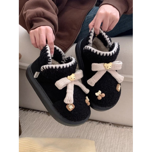 細細條 少女心小熊厚底雪地靴保暖羊羔毛冬季軟妹外穿短靴棉鞋女