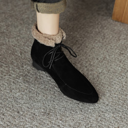 羊反皮高級時尚真皮雪地靴短筒尖頭粗跟中跟女鞋復古加厚絨短筒靴