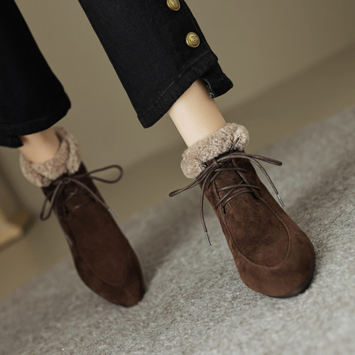 羊反皮高級時尚真皮雪地靴短筒尖頭粗跟中跟女鞋復古加厚絨短筒靴