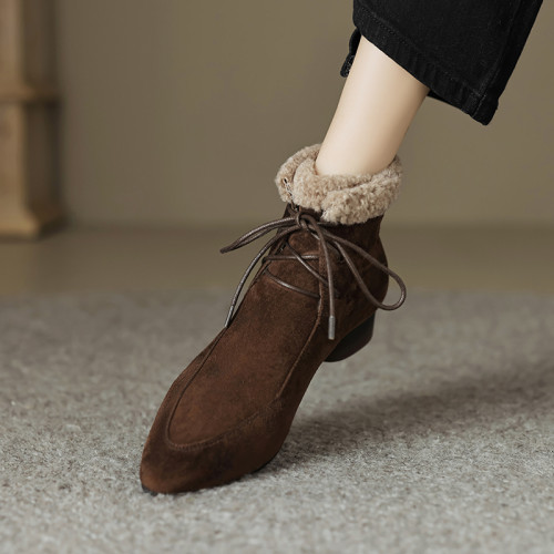 羊反皮高級時尚真皮雪地靴短筒尖頭粗跟中跟女鞋復古加厚絨短筒靴