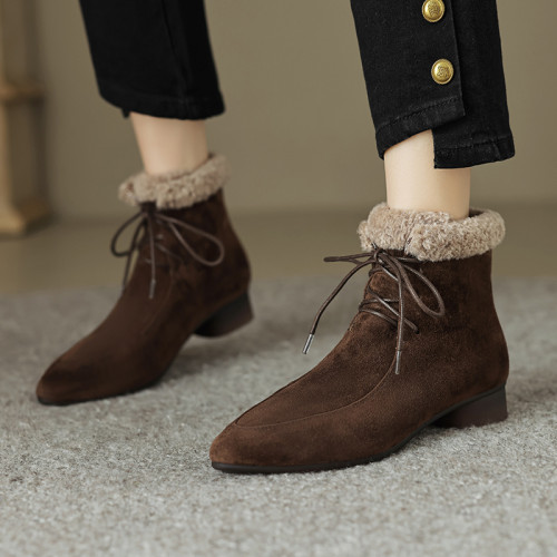 羊反皮高級時尚真皮雪地靴短筒尖頭粗跟中跟女鞋復古加厚絨短筒靴